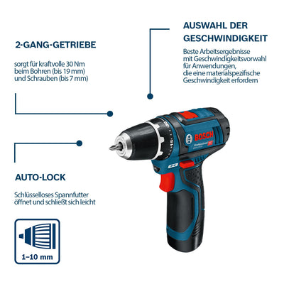 Bosch Professional 12V System Akku Bohrschrauber GSR 12V-15 (inkl. 2x GBA 2.0Ah, Ladegerät, 39tlg.-Zubehör-Set, Werkzeugtasche) - Amazon Exclusive