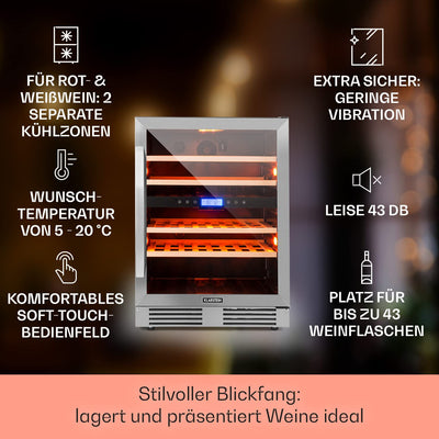 Klarstein Einbau-Weinkühlschrank, 2 Zonen Getränkekühlschrank Klein, Kleiner Weinschrank 129L, Wein-Kühlschrank Klein mit Glastür, Indoor/Outdoor Flaschenkühlschrank, Wine Fridge für 43 Flaschen