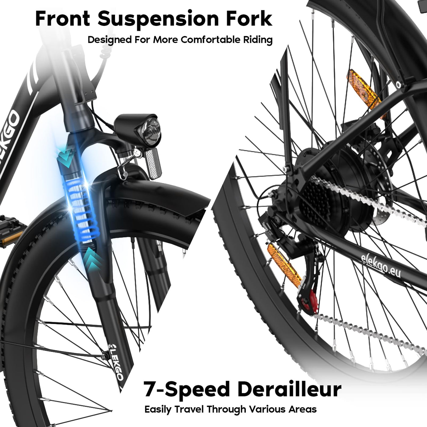 ELEKGO 28 Zoll E-Bike Elektrofahrrad, 7-Gang-Getriebe, 36V Abnehmbarer Akku, City Bike mit Geschwindikeit bis 25km/h，LCD-Display，Ausgestattet mit stoßdämpfenden Gabeln