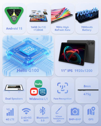 BNCF 11 Zoll Android 15 Tablet, Helio G100 Octa-Core 16GB+128GB (1TB TF) Bpad 11 FHD 1920×1200 IPS 90Hz mit Widevine L1, 7000mAh PD 18W 5MP+8MP Kamera, 4G LTE+2,4G/5G WiFi+BT5,0+GPS mit Schutzhülle