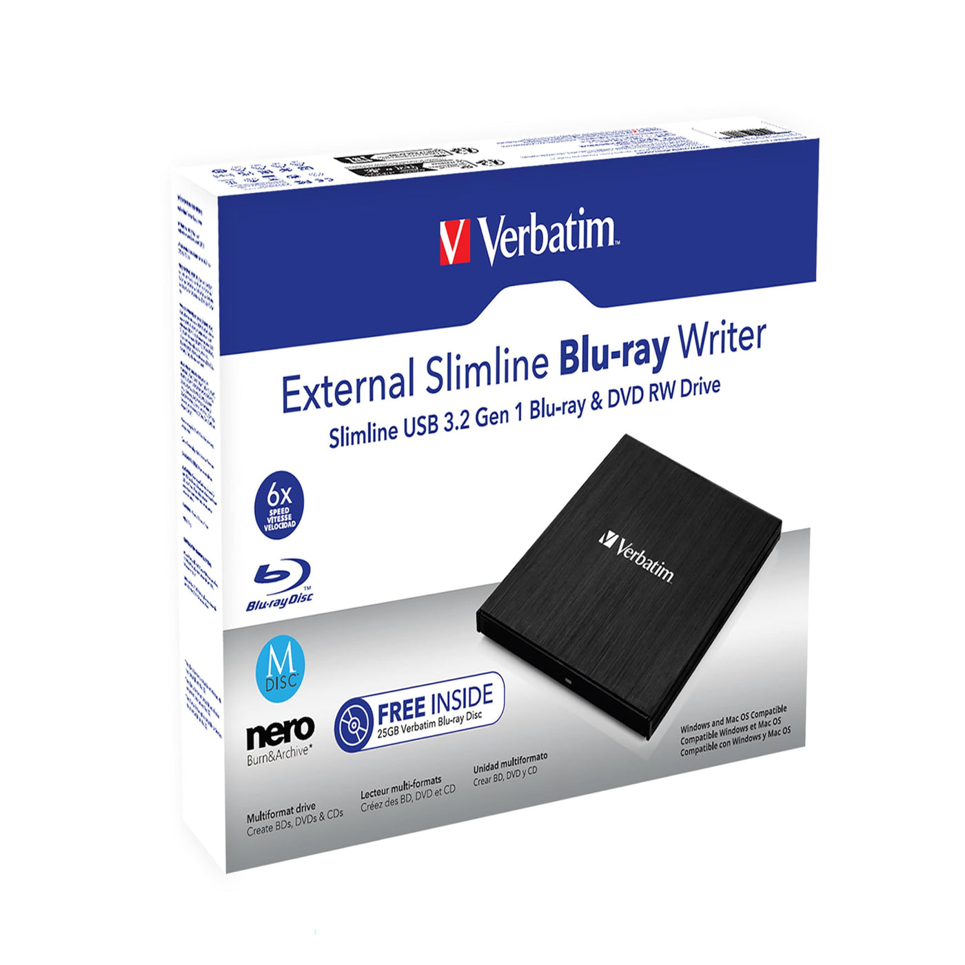 Verbatim Externer Slimline Bluray Writer mit USB 3.0-Kabel, externer DVD und Bluray Brenner, ideal für Notebooks und Computer ohne Laufwerk, Bluray Player & DVD Drive mit kostenloser Bluray Disk