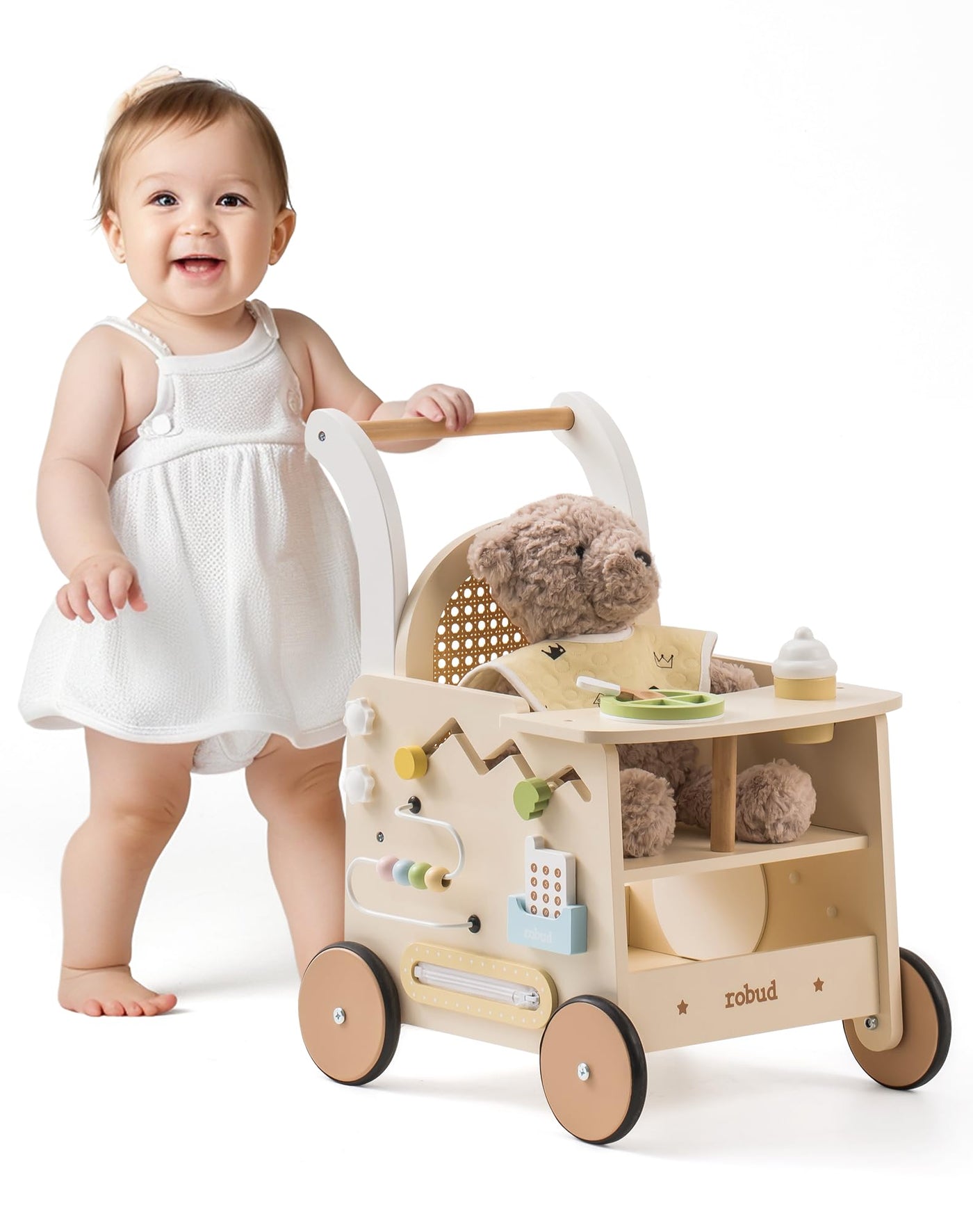 ROBUD Holz lauflernhilfe Baby Walker, 2-In-1 Puppe Lauflernwagen mit Montessori Busy Activity Board für Motorik, Sicherheitsbremse Spielzeug Laufwagen, Geschenk für Kleinekinder ab 10 Monate+