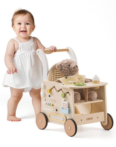 ROBUD Holz lauflernhilfe Baby Walker, 2-In-1 Puppe Lauflernwagen mit Montessori Busy Activity Board für Motorik, Sicherheitsbremse Spielzeug Laufwagen, Geschenk für Kleinekinder ab 10 Monate+