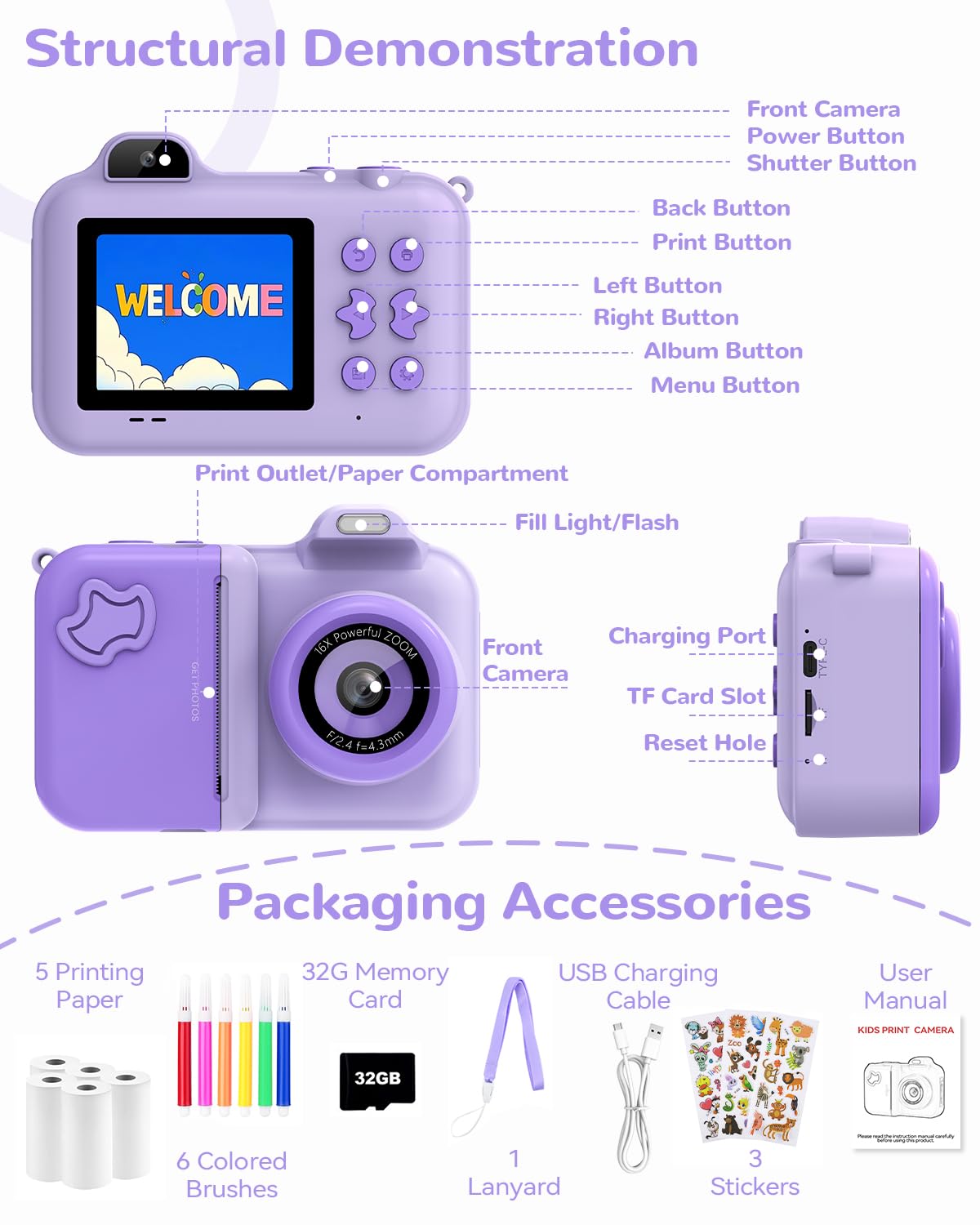 JoJoego Kinderkamera Sofortbildkamera, 2,4-Zoll 24MP Kinder Digitalkamera mit Selfie,1080P HD Dual-Kamera, 32GB Speicherkarte, 5 Rollen Druckerpapier, Geschenk für Kinder von 3-12 Jahren, Lila