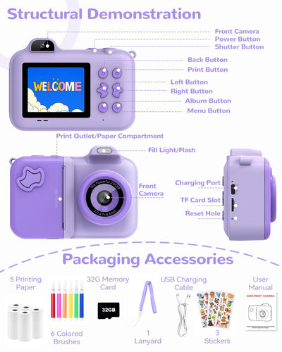 JoJoego Kinderkamera Sofortbildkamera, 2,4-Zoll 24MP Kinder Digitalkamera mit Selfie,1080P HD Dual-Kamera, 32GB Speicherkarte, 5 Rollen Druckerpapier, Geschenk für Kinder von 3-12 Jahren, Lila