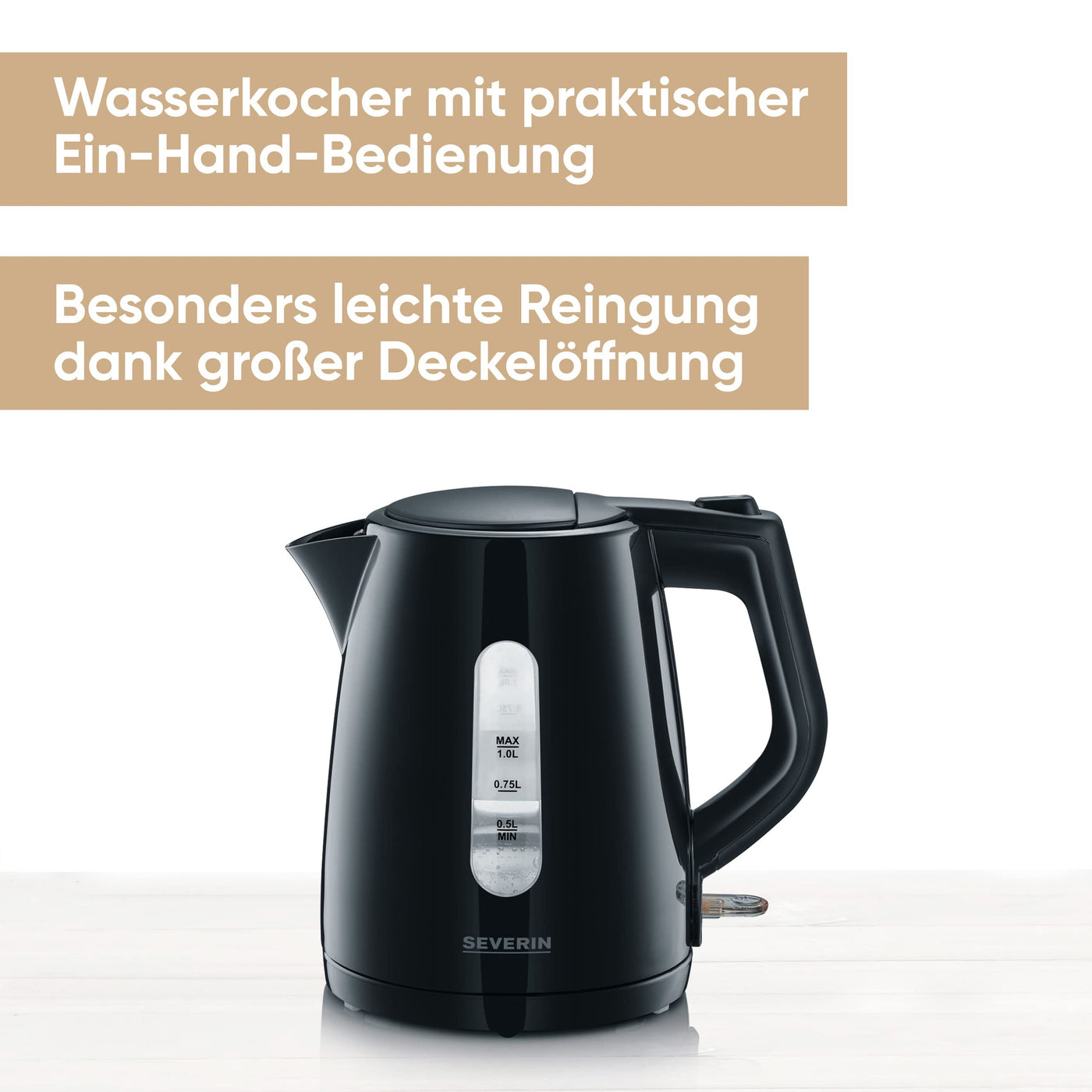 SEVERIN Wasserkocher 1,0 L, leistungsstarker und kompakter Wasserkocher in hochwertigem Design, elektrischer Wasserkocher mit Kalkfilter, schwarz, WK 3410