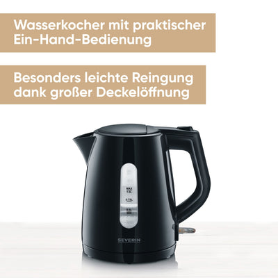SEVERIN Wasserkocher 1,0 L, leistungsstarker und kompakter Wasserkocher in hochwertigem Design, elektrischer Wasserkocher mit Kalkfilter, schwarz, WK 3410