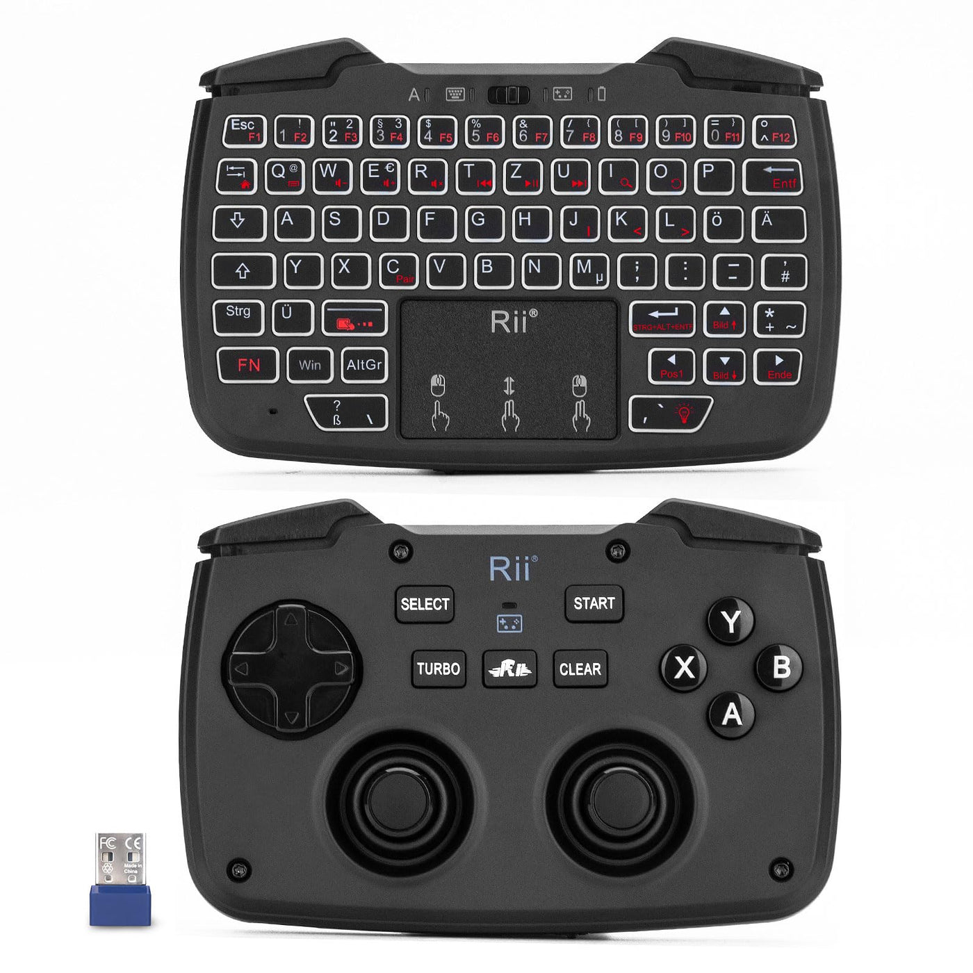 Rii Gaming Controller Wireless mit Tastatur mit Touchpad, 3-in-1-Funktionalität, 2,4GHz-Empfänger-Anschluss, Wiederaufladbare, Weiße Hintergrundbeleuchtung