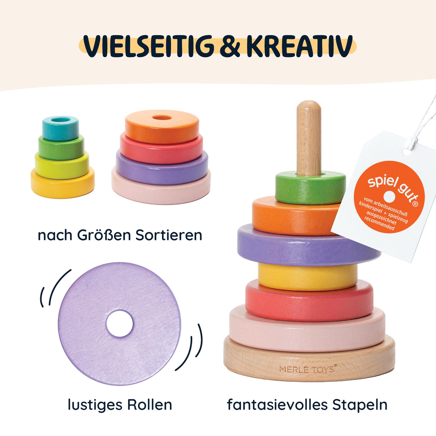 Merle Toys® Stapelturm Holz, 100% FSC-zertifiziertes Holzspielzeug Baby, Stapelturm ab 1 Jahr, Montessori Spielzeug, Stapelspiel ab 1 Jahr, BPA-Freies Baby Spielzeug aus Holz, 8X Bunte Stapelringe