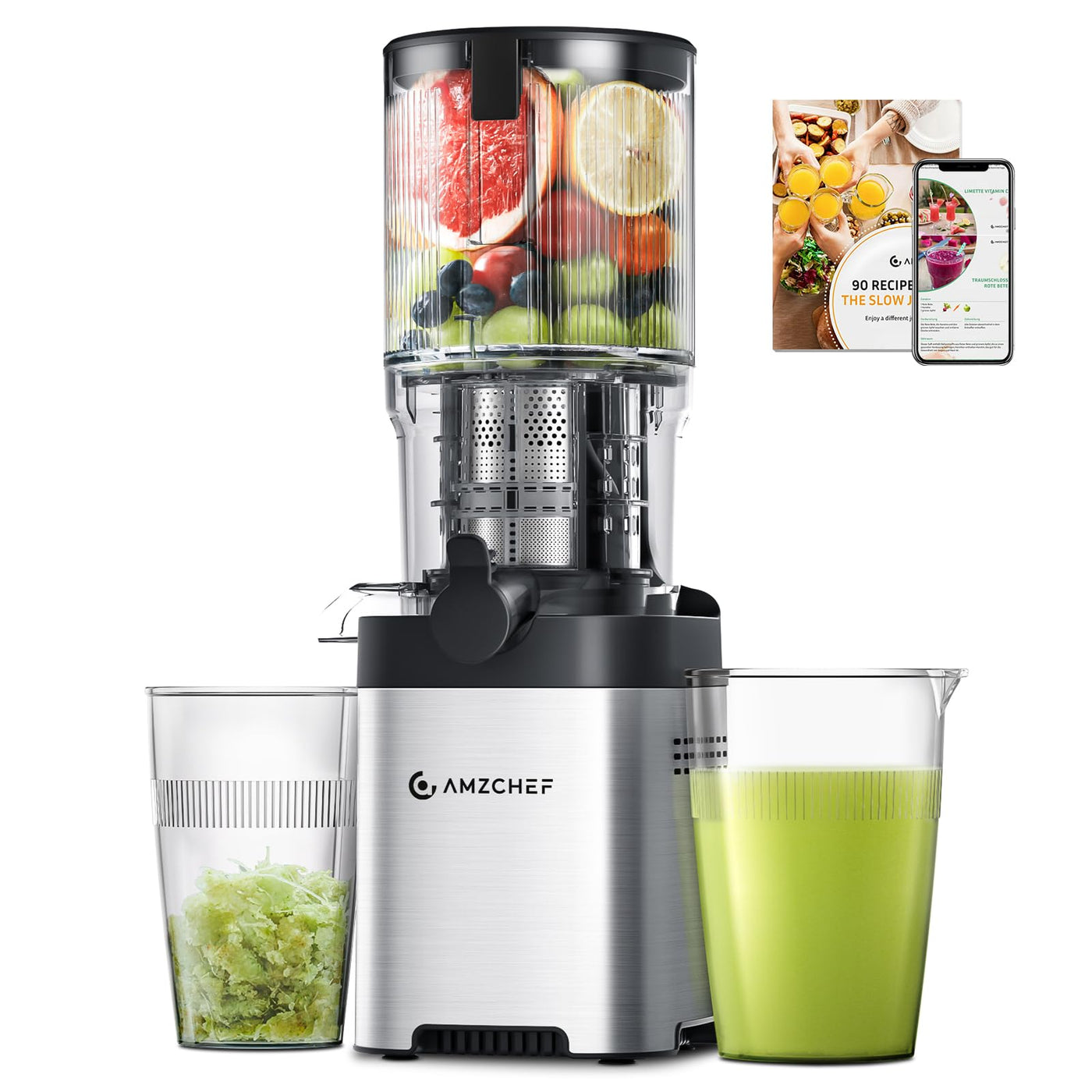 AMZCHEF Entsafter - Slow Juicer mit 135MM Breite und Größere Fütterungsröhre für Ganze Gemüse und Obst - Leicht zu Reinigender Entsafter mit 2 Gläsern - Silber