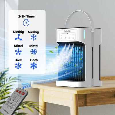 Mobile Klimaanlage mit Fernbedienung,1100ML Mini Luftkühler mit Wasserkühlung, 2-8H Timer & 7 LED，3 Luftgeschwindigkeiten & 3 Kühlnebel, Mobiles Klimagerät für zimmer,Wohnungen und Büro
