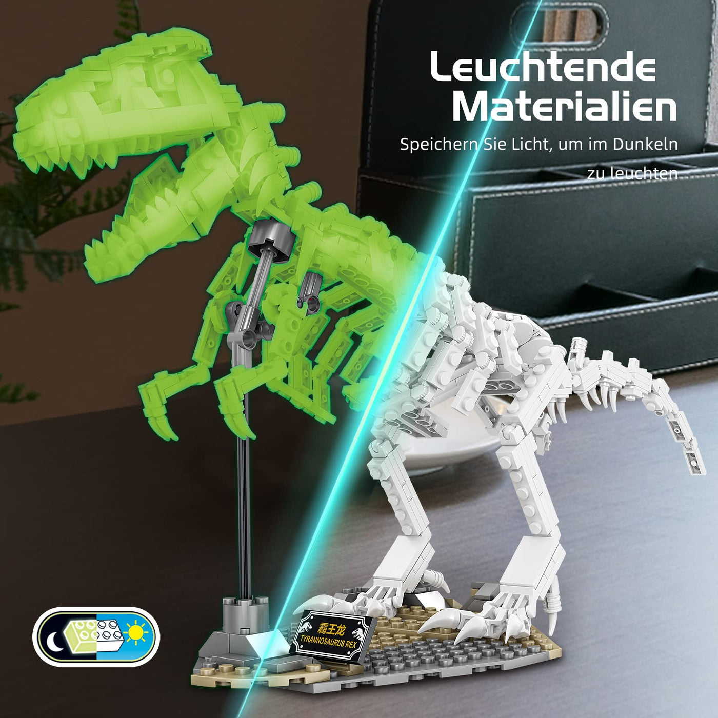Jurassic Dinosaurier Skelett Baustein Set, kreatives T-Rex Luminous Bauspielzeug für Erwachsene, leuchtet im Dunkeln, Weihnachts-, Halloween- und Neujahrsgeschenk für Kinder von 8–14+ (435 Teile)