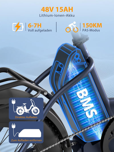 Touroll S2 E-Bike Klapprad Elektrofahrrad mit 20×4.0 Zoll Fat Tire, 48V 720Wh Akku für Lange Reichweite bis 120KM, 250W 55N.M Motor, 7-Gang-All-Terrain E-bike Herren Damen für MTB,Stadtpendler & Wildn