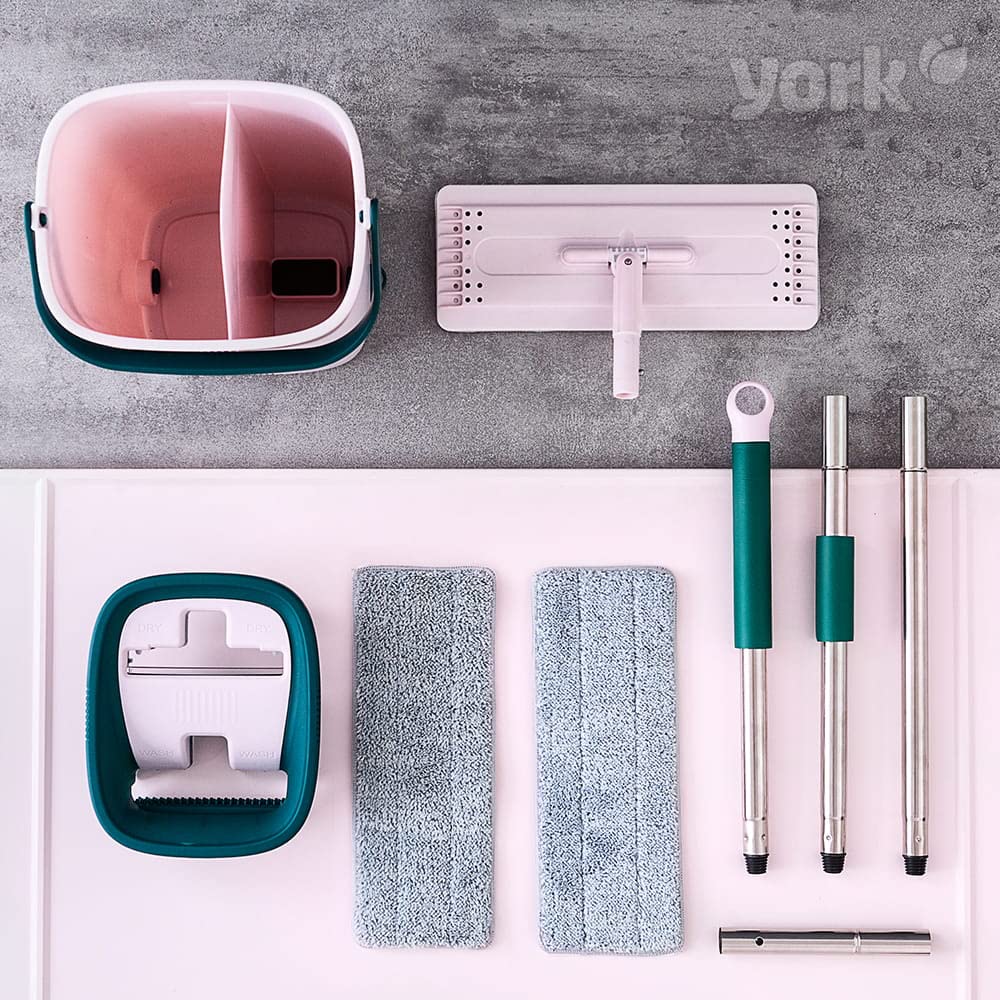 York Flachmopp Handy | Wischmopp Set mit Eimer Zweikammer | Innovativ Automatisches Auspresssystem | Eimer Kapazität 6 Liter Moppabmessungen 31x12cm Klappbarer Griff Länge 120cm | Rosa-Grün…