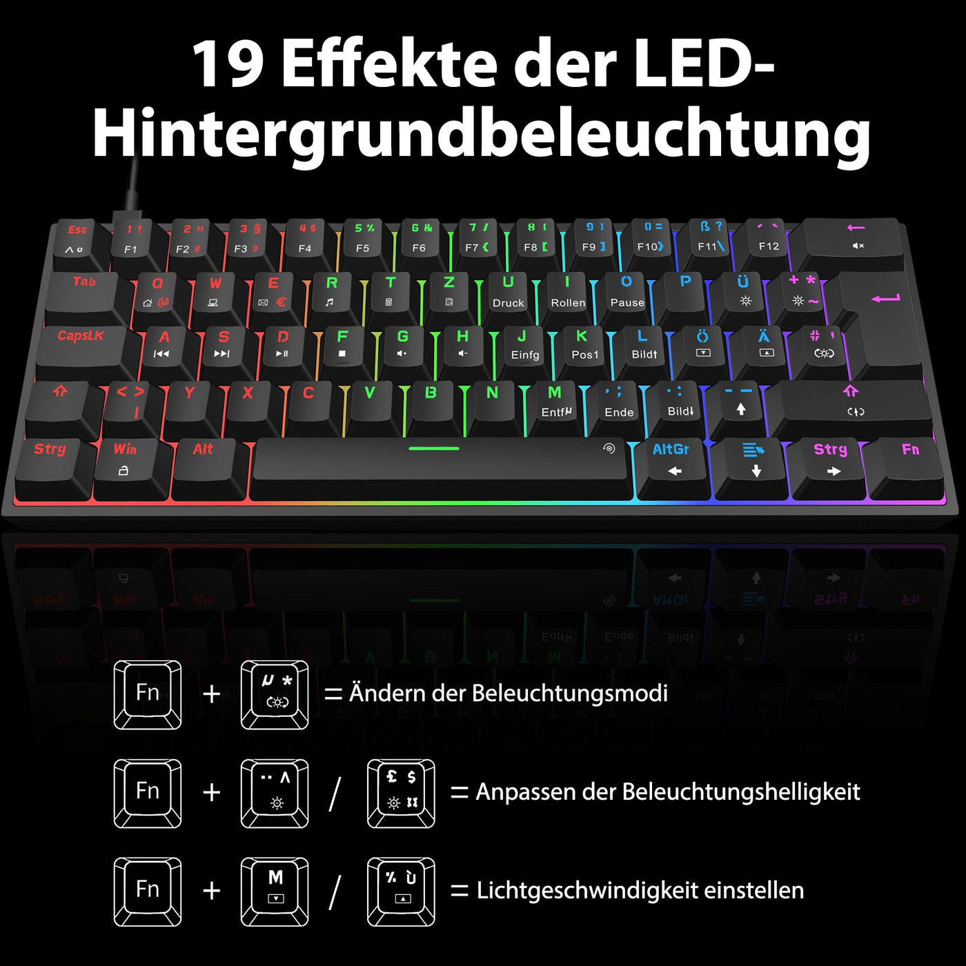 Snpurdiri 60% kabelgebundene mechanische Gaming-Tastatur, 62 Anti-Ghosting-Tasten, Blaue LED-Hintergrundbeleuchtung, ultrakompakte Zwei Stände (Rot Schalter/62 schwarz)