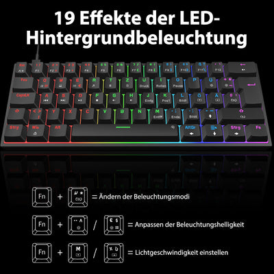 Snpurdiri 60% kabelgebundene mechanische Gaming-Tastatur, 62 Anti-Ghosting-Tasten, Blaue LED-Hintergrundbeleuchtung, ultrakompakte Zwei Stände (Rot Schalter/62 schwarz)