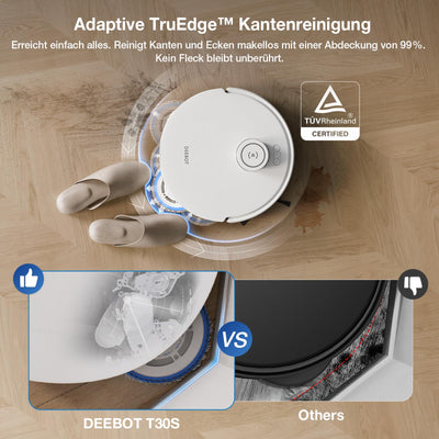 ECOVACS DEEBOT T30S Saugroboter mit Wischfunktion, 11000Pa Saugkraft, ZeroTangle Technologie, Adaptive TruEdge™ Kantenreinigung, Heißwasser-Mopp-Waschen, Selbstentleerung, Auto-Anheben des Mopps