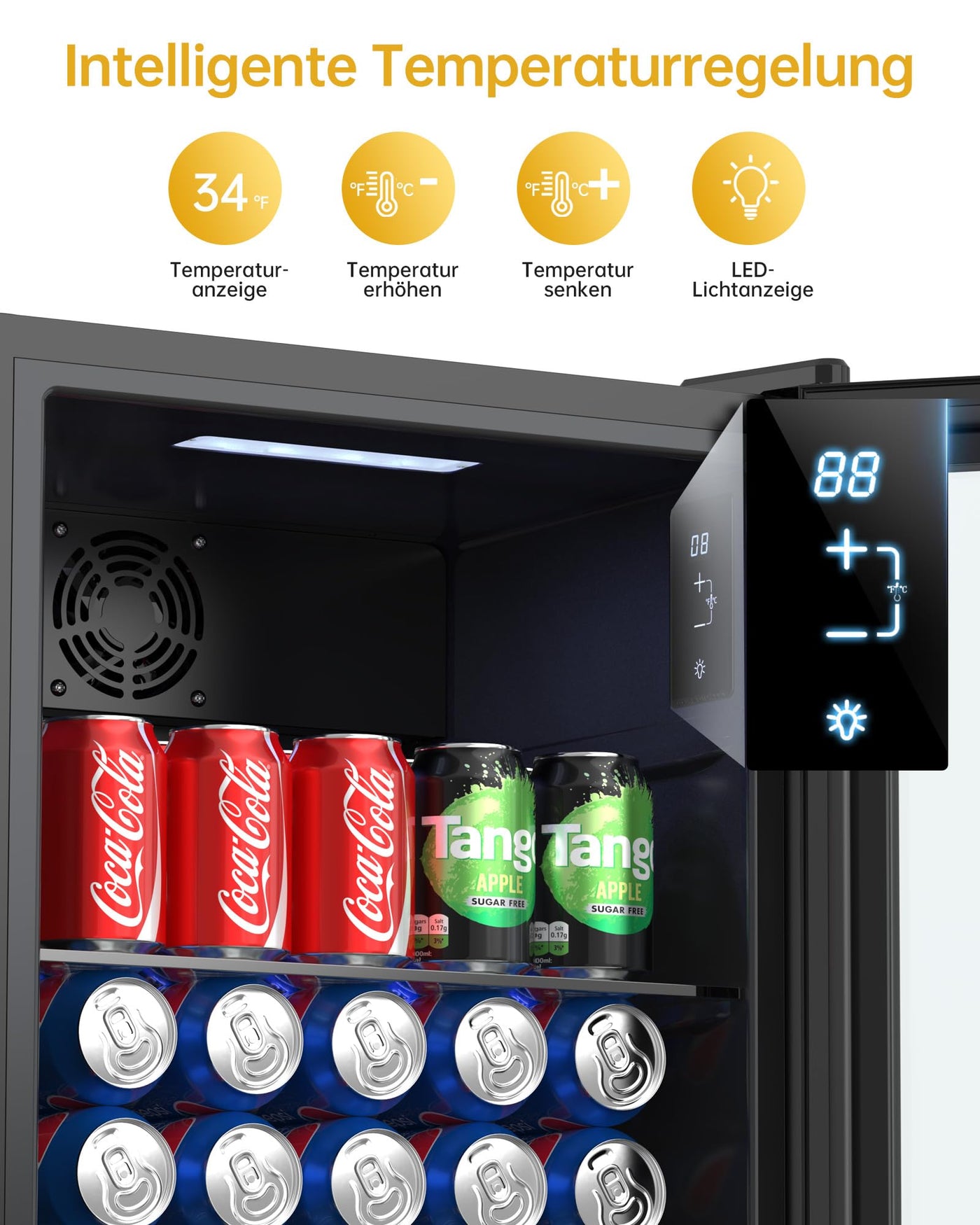 WIE Getränkekühlschrank Mini Kühlschrank mit Doppelte Glastür mit Verstellbaren Ablagen Indoor Outdoor Klein Bierkühlschrank Wendetür Leise 86 Liter 120 Dosen für Soda/Bier für Zuhause/Küche/Bar/Büro
