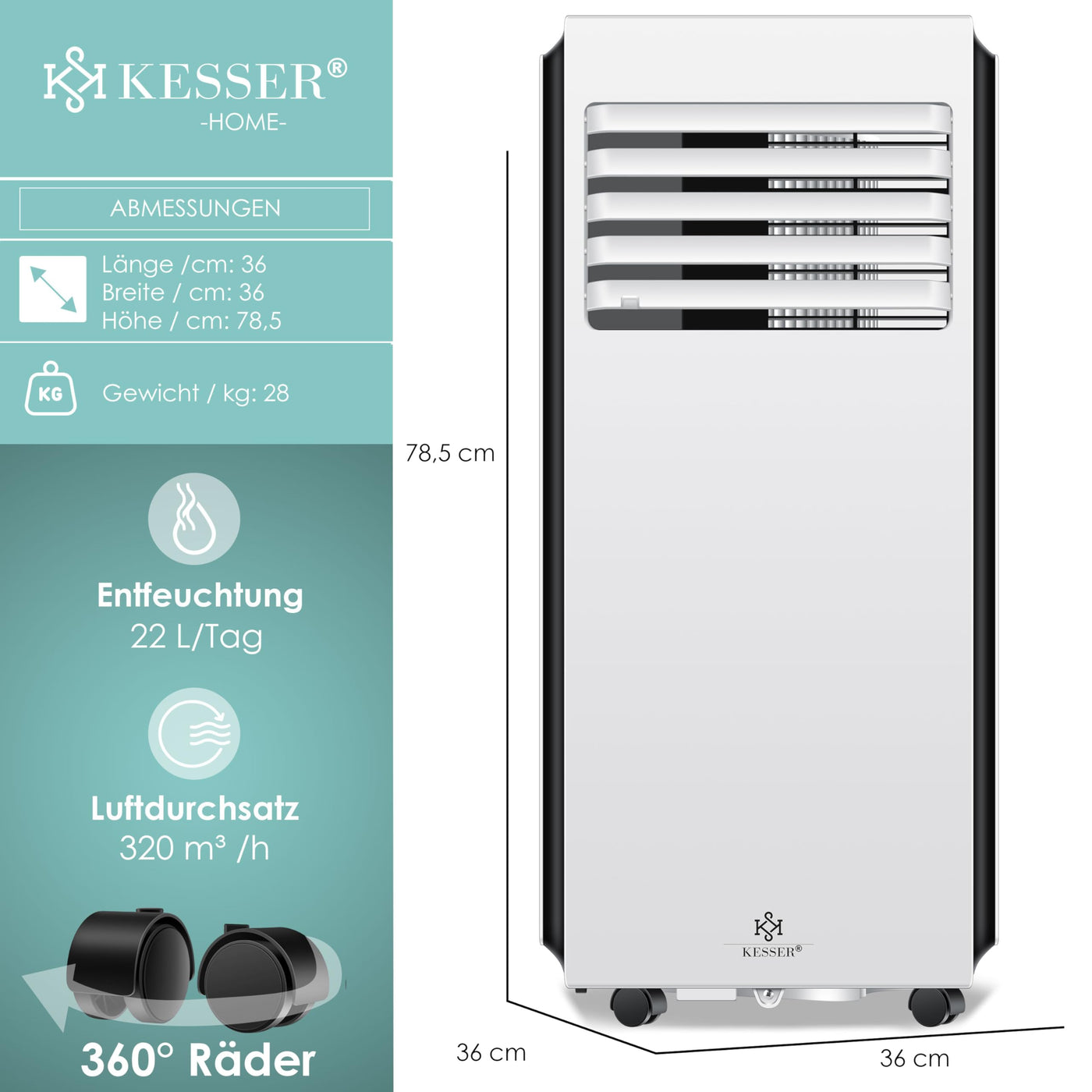 KESSER® Klimaanlage Mobiles Klimagerät 4in1 kühlen | Luftentfeuchter lüften | Ventilator 9000 BTU/h 1005W | Mobil Klima mit Montagematerial, Fernbedienung & Timer | Nachtmodus & 360° Rollen