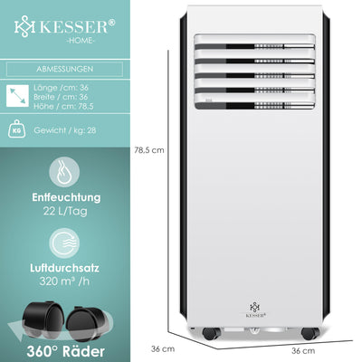 KESSER® Klimaanlage Mobiles Klimagerät 4in1 kühlen | Luftentfeuchter lüften | Ventilator 9000 BTU/h 1005W | Mobil Klima mit Montagematerial, Fernbedienung & Timer | Nachtmodus & 360° Rollen