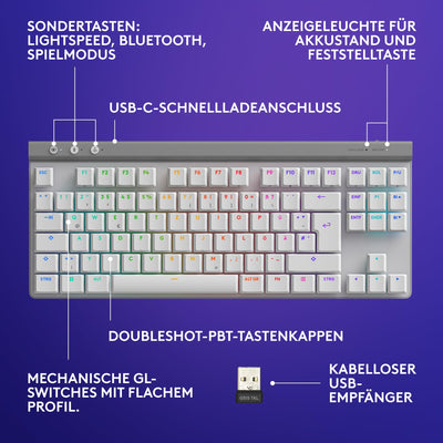 Logitech G G515 LIGHTSPEED TKL kabellose flache Gaming-Tastatur, LIGHTSYNC RGB, dünnes Profil ohne Ziffernblock, PBT-Tastenkappen, taktile mechanische Switches, Deutsches QWERTZ-Layout - Weiß