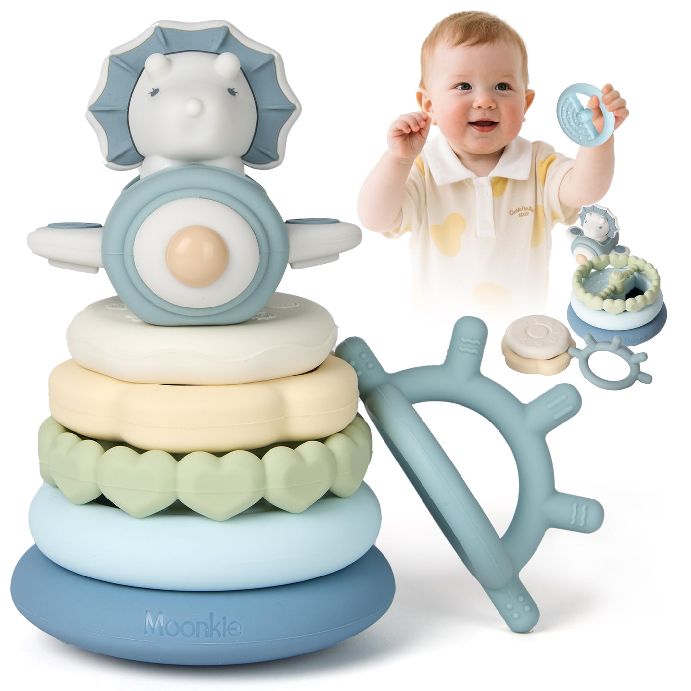 Moonkie Dinosaurier Stapelturm Baby, Silikon Spielzeug mit Ringen, Stapelspiel für Kleinkind Jungen ab 6 Monate 1 2 3 Jahr, Beißring Baby, Sensorik Montessori Spielzeug, 7 Teiliges Set, Babygeschenke