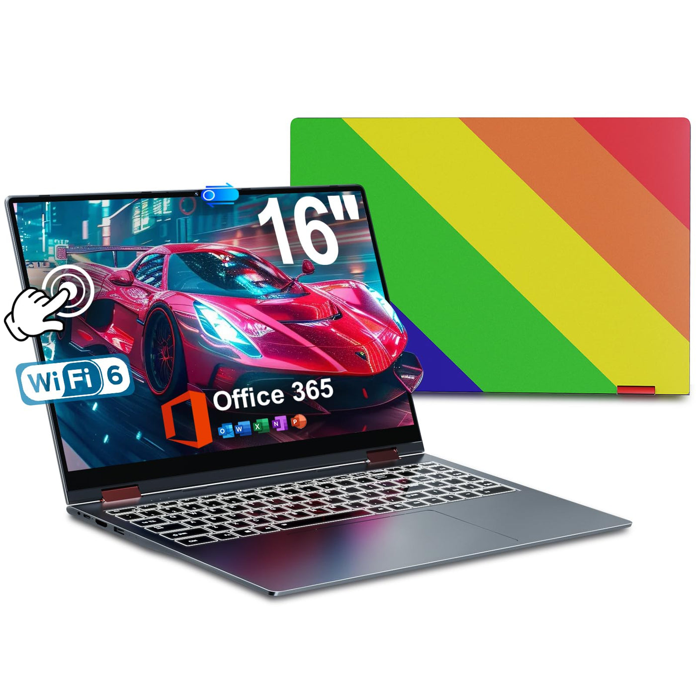 jumper Regenbogen Laptop 16 Zoll, 2 in 1 Convertible Pride Laptops, 16GB DDR4 640GB ROM Notebook, 1 Jahr Office 365, Fingerabdruckleser, QWERTZ Tastatur mit Hintergrundbeleuchtung, WiFi 6, 53.2WH