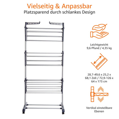 Amazon Basics Turm-Wäscheständer für innen mit faltbaren Flügeln, Garten, Grau, 126 x 64 x 173 cm (L x W x H)