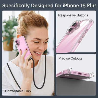 Nupcknn Handykette für iPhone 16 Plus Hülle mit Band,Ultra Dünn Transparent Handyhülle (Abnehmbar Einstellbar) Necklace mit Kordel zum Umhängen Kameraschutz Handy Kette Stossfest Schutzhülle