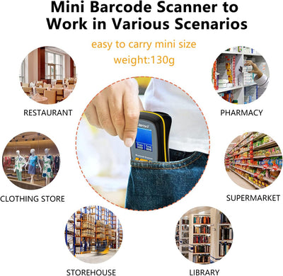 LENVII Mini Wireless Barcode Scanner Bluetooth 3-in-1 Portable Barcode Reader kabellos 1D/2D/QR Code Scanner mit Display Barcode Leser Win/Android/iOS für Geschäft, Supermarkt, Lager(Schwarz)