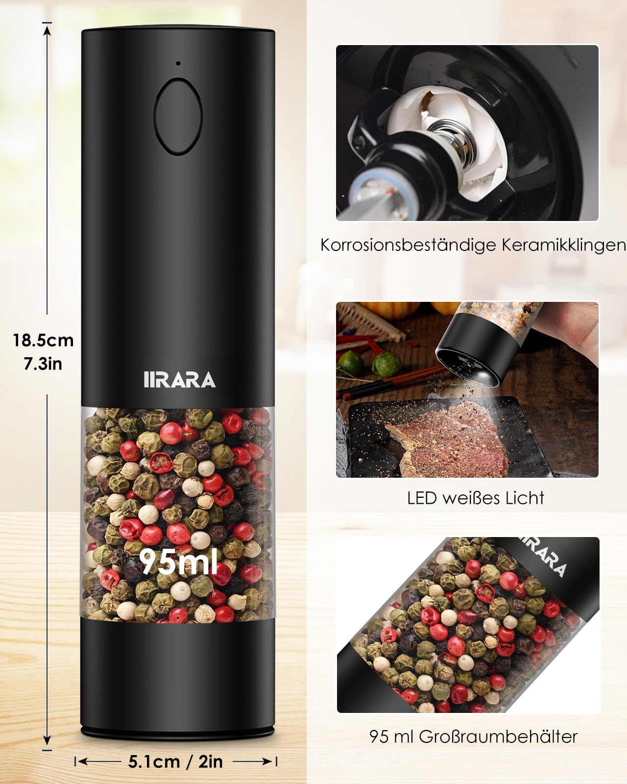 IIRARA Salz und Pfeffermühlen elektrisch 2er Set mit einstellbarem Keramikmahlwerk, Gewürzmühle elektrisch mit LED-Licht Type-c Wiederaufladbar Einhandbedienung mit Reinigungspinsel Löffel schwarz