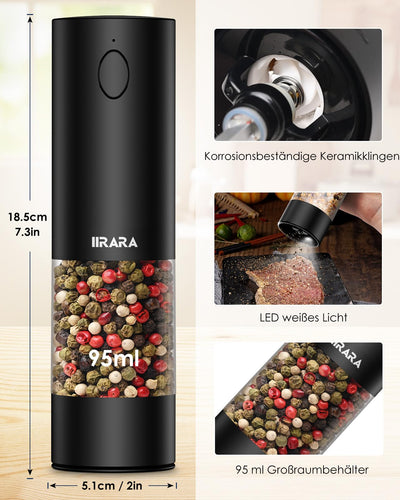 IIRARA Salz und Pfeffermühlen elektrisch 2er Set mit einstellbarem Keramikmahlwerk, Gewürzmühle elektrisch mit LED-Licht Type-c Wiederaufladbar Einhandbedienung mit Reinigungspinsel Löffel schwarz