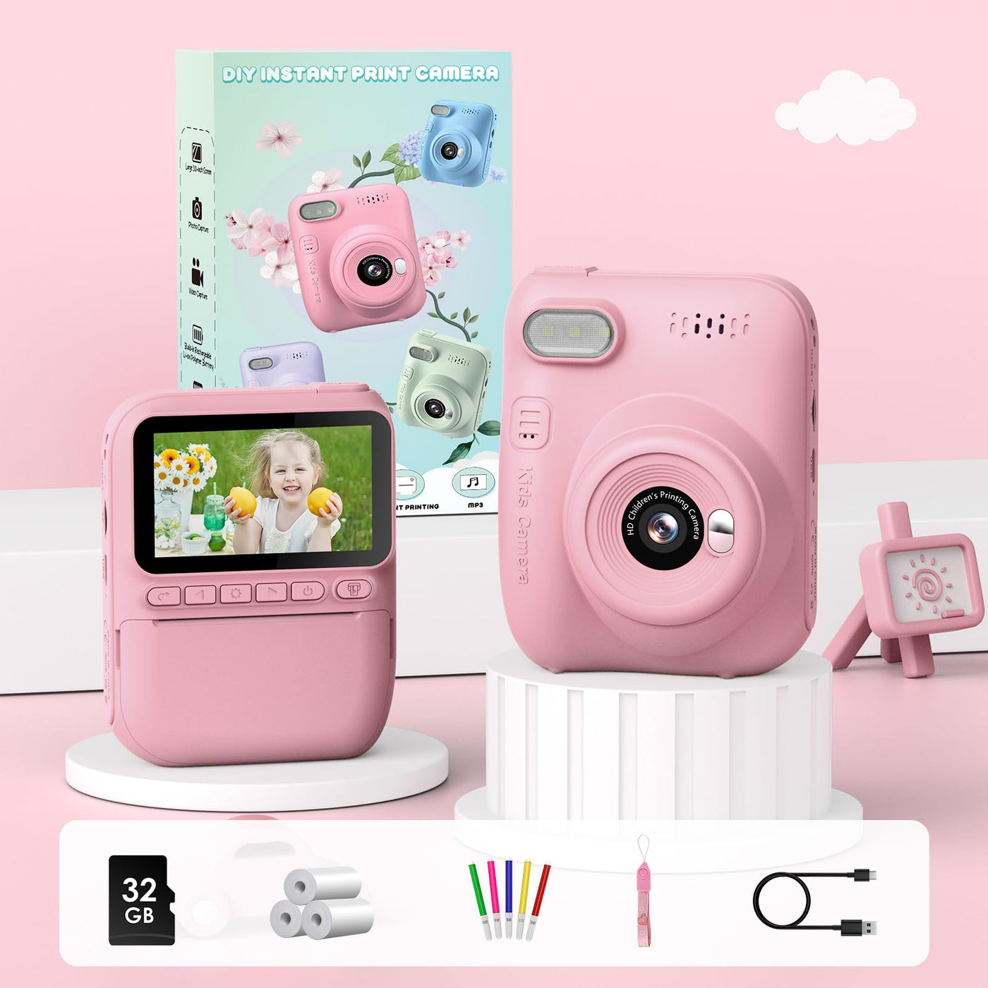 GREENKINDER Sofortbildkamera Kinder,14MP 3.0 Zoll Bildschirm Kinderkamera Sofortbildkamera mit 32G Karte,Druckpapier & Farbigen Stiften,1080P Kamera Kinder Sofortdruck, 3-12 Jahren