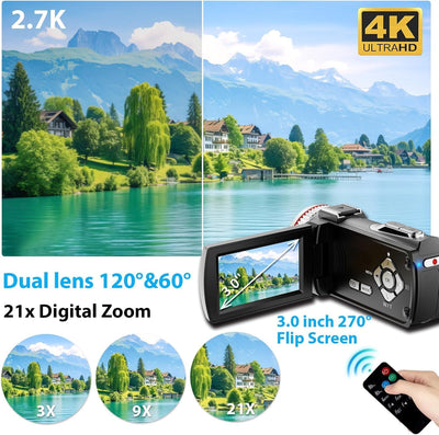 ZIMOCE Videokamera 4K Camcorder, 21X Digital Zoom Vlogging Kamera, 64MP Vlog Kamera für YouTube, 3.0'' 270°Drehbarer Screen Camcorder 4K mit 64 GB Karte, Externem Mikrofon, 2 Batterien