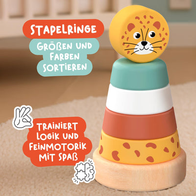 Nene Toys Spielzeug ab 1 Jahr – Montessori Baby Holzspielzeug 4-in-1 Set mit Klangbausteinen, Regenmacher, Stapelturm & Jirafa-Labyrinth – Holzbausteine Motorikspielzeug Geschenk Junge Mädchen