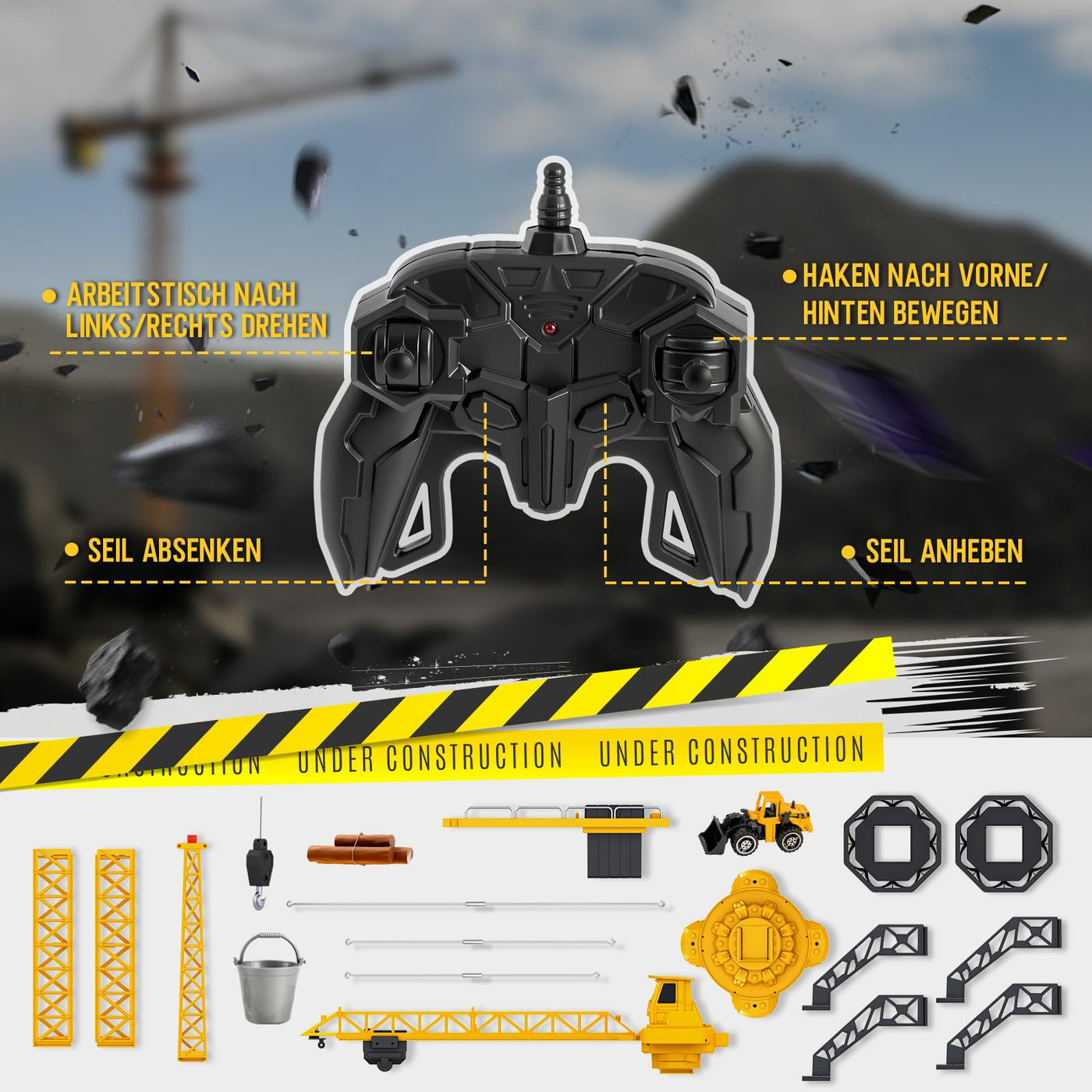 JONRRYIN Ferngesteuerte Turmkran 138 cm Höhe, 2,4 Hz 6 Kanäle RC Kran, 680 Grad Rotation Ferngesteuerte Baukran Tower Crane mit Lichter für Kinder (Gelb)