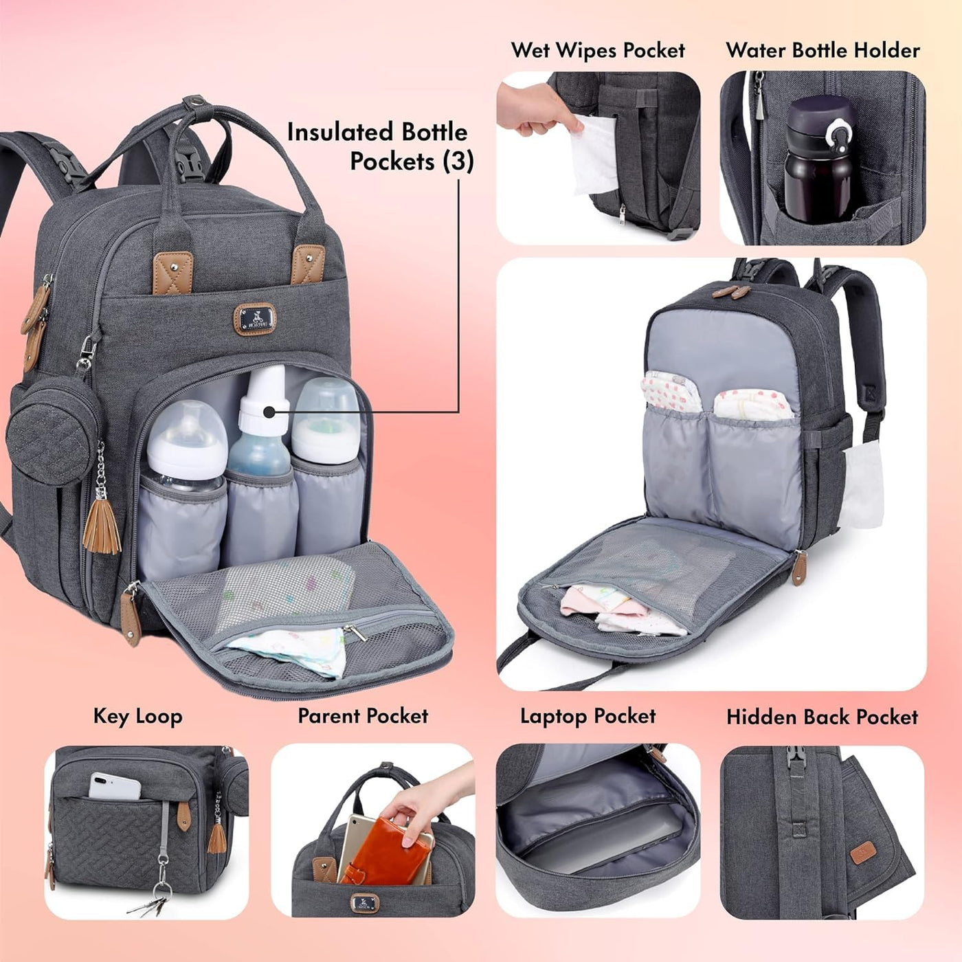 Wickeltasche Rucksack - Dikaslon Großer Wickelrucksack mit Multifunktions-Babytaschen und mobiler Wickelauflage - Schnullerhalter und Kinderwagengurte - für Mama und Papa (dunkelgrau), Einheitsgröße