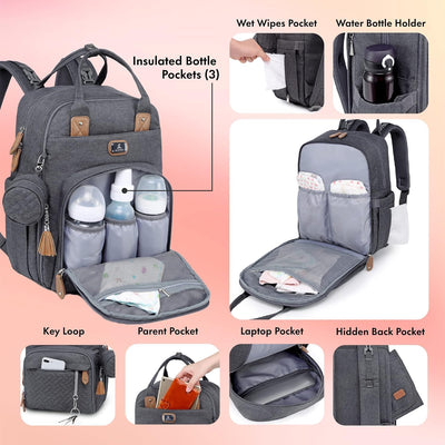 Wickeltasche Rucksack - Dikaslon Großer Wickelrucksack mit Multifunktions-Babytaschen und mobiler Wickelauflage - Schnullerhalter und Kinderwagengurte - für Mama und Papa (dunkelgrau), Einheitsgröße
