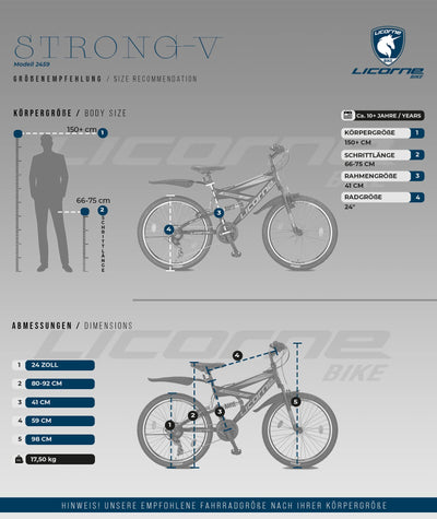 Licorne Bike Strong V Premium Mountainbike in 24 Zoll - Fahrrad für Jungen, Mädchen, Damen und Herren - 21 Gang-Schaltung - Vollfederung