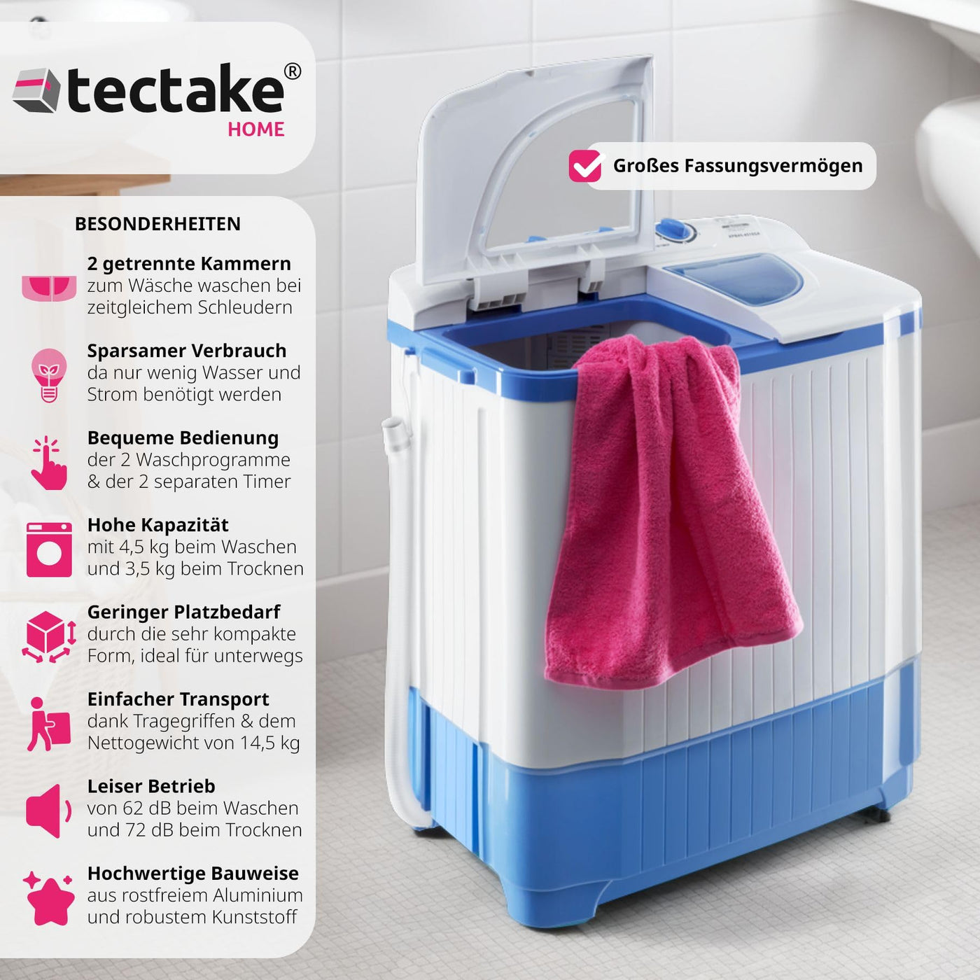 tectake® portable, mobile 4,5 kg Mini Waschmaschine + 3,5 kg Wäscheschleuder Kombination, Toplader für Camping und Reise, Toploader Reisewaschmaschine
