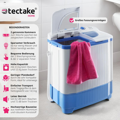 tectake® portable, mobile 4,5 kg Mini Waschmaschine + 3,5 kg Wäscheschleuder Kombination, Toplader für Camping und Reise, Toploader Reisewaschmaschine