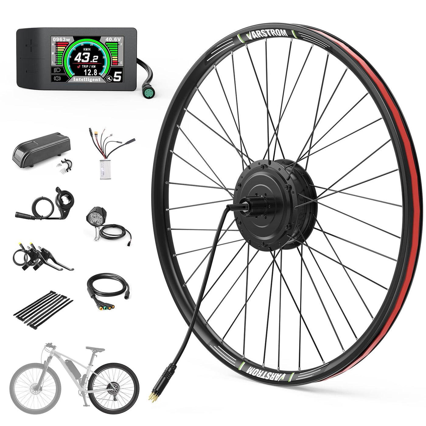 Varstrom 36V250W Ebike Umbausatz Bürstenloser Hinterradmotor für 26 Zoll Fahrrad mit Multifunktionellem 500C LCD Display, PAS Sensor, Regler- Elektrofahrräder Nabenmotor Kits
