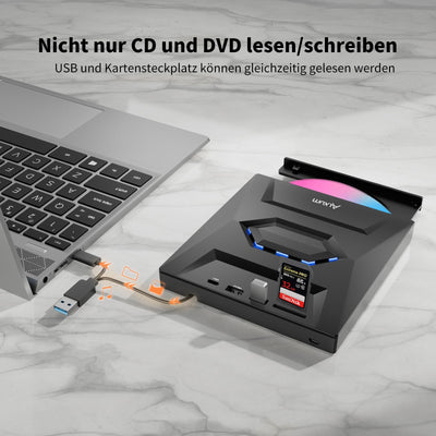 Alxum Externes CD DVD Laufwerk für Laptop,USB 3.0 Type C CD Laufwerk extern USB mit SD/TF Kartenleser und USB Anschlüsse,Externes DVD Laufwerk für Laptop,Desktop,MacBook,Windows,Linux,Mac OS,Vista