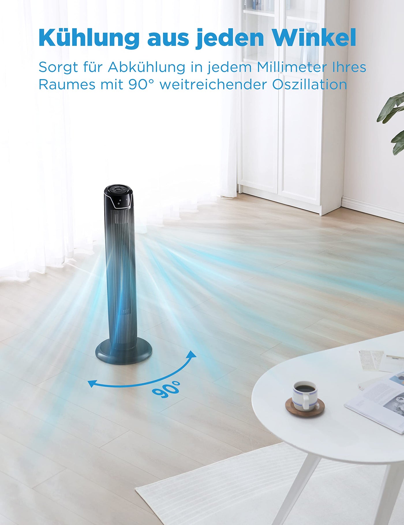 Midea FZ10-17JR Turmventilator Leise mit Fernbedienung 92CM, mobiler Lüfter,Ventilator Säulenventilator,7 Stunden Timer,3 Modi,3 Geschwindigkeiten,45W Standventilator,Schwarz