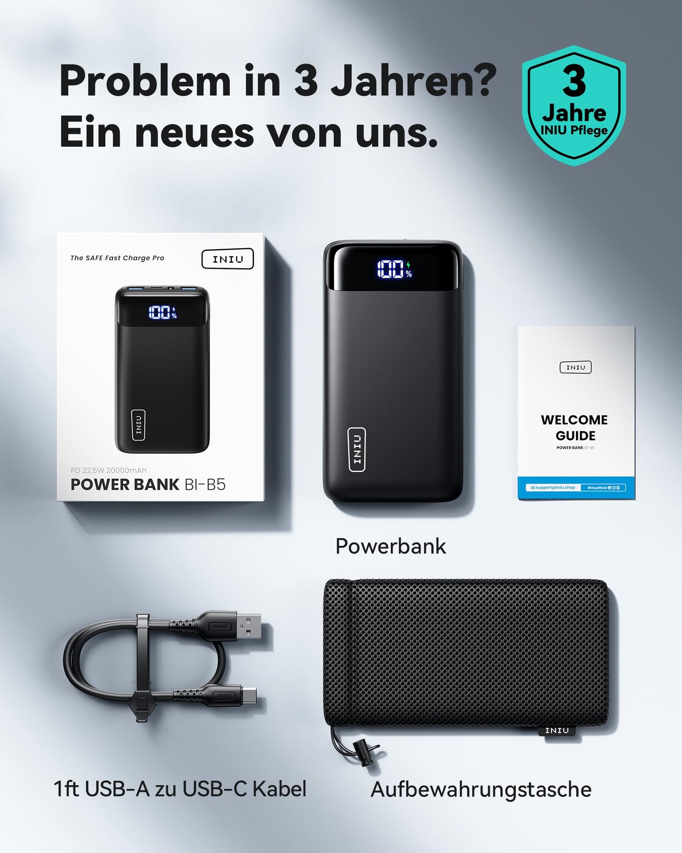 INIU Power Bank, 20000mAh 22.5W Klein Schnellladefunktion Powerbank 1 USB-C, 2 USB-A Mini Externe Handyakkus LED Display, Akkupack für iPhone 16 15 14 13 Xiaomi Samsung iPad Travel Camping Outdoor
