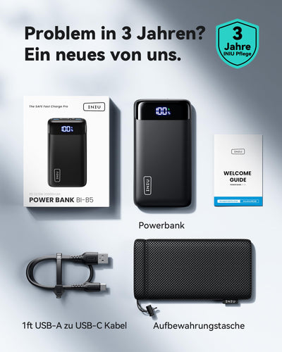 INIU Powerbank, Kompakte LED-Anzeige 20000mAh Externer Akku mit Dualer 3A Ausgängen und USB-C Eingang, Power Bank für Handy iPhone 16 15 14 13 12 11 X 8 Xiaomi iPad Tablet Laptop-Akkus
