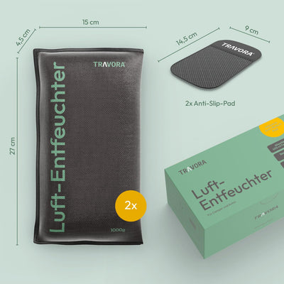 TRAVORA Luftentfeuchter Kissen 2x 1 kg mit Anti-Rutsch Pad - Entfeuchter - wiederverwendbar - Auto Innenraum - extra groß, Schwarz