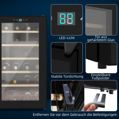 HOMCOM Weinkühlschrank, 65 L Getränkekühlschrank für 24 Flaschen, Weinklimaschrank, Flaschenkühlschrank mit Innenbeleuchtung, Touch, 5-20°C, Schwarz