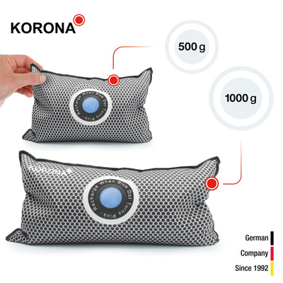 Korona 82110 Luftentfeuchter-Set | 2 praktische Kissen (1 kg & 0,5 kg) | gegen beschlagene Autoscheiben oder Feuchtigkeit im Innenraum | wiederverwendbar | Sättigungsanzeige mit Farbindikator