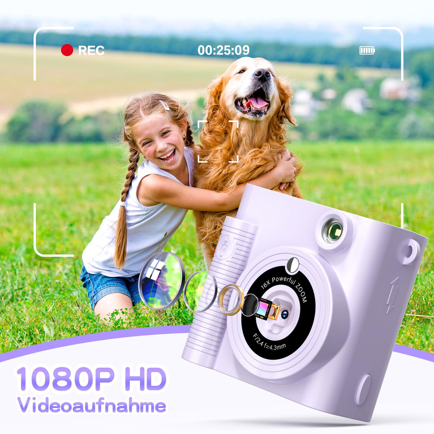 FNITAER Kinderkamera, 2,4 Zoll Sofortbildkamera, 1080P HD Kamera fotokamera mit 32 GB Karte und 3 Rollen Druckfotopapier, Kamera Kinder für 3–12 Jahre alte Jungen und Mädchen